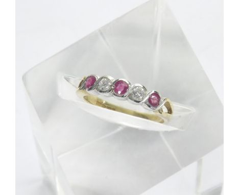 9ct ruby and diamond five stone half eternity ring, ring size M