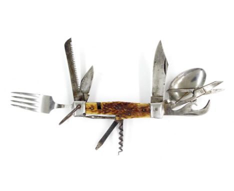 Japanese utility penknife featuring various blades, spoon, fork etc