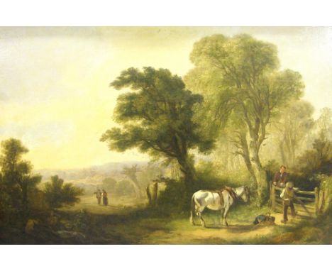 Charles Towne (18th/19th century) - Landscape with figures and a horse beside a wooden gate, other figures nearby, signed wit