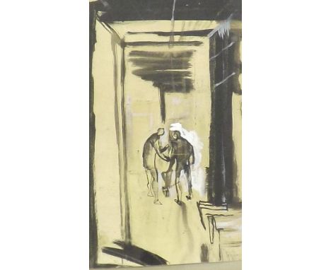 Follower of Keith Vaughan (1912-1977) - Study of two figures in an industrial setting, unsigned, mixed media on paper, 9.5" x