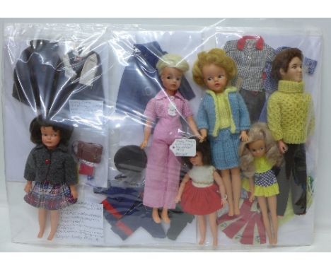 Sindy, Paul and Patch dolls, c.1960's Sindy Trendy girl, skinny leg walker, Patch dolls with school days accessories