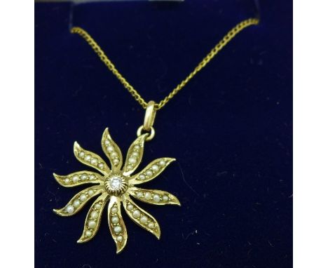 A 9ct gold, pearl and diamond pendant and chain, 3.2g