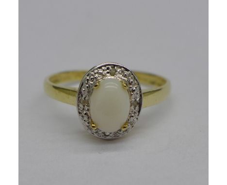 A 9ct gold, opal and diamond ring, 1.2g, P