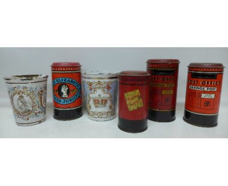 Two Victoria commemorative enamel cups and four tinplate post box money boxes