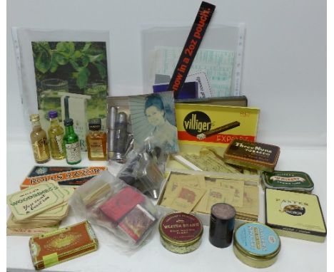 Tobacco related items including cigars, matches, lighters, cigar cutter, pipe cleaner, a rolls razor, boxed, miniature spirit