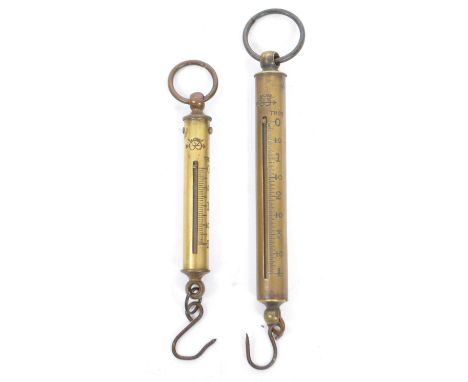 A pair of early 20th Century hand held 'Troy' brass suspension scales by 'Salter'. Of cylindrical shape and cased with fully 