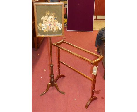 A 19th century oak and tapestry inset polescreen, together with a turned mahogany towel rail (2)