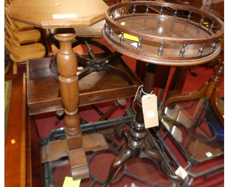 A circa 1900 mahogany circular gallery top pedestal tripod occasional table, height 78cm, together with an oak octagonal topp