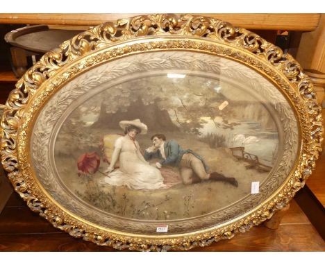 Sheridan Knowles - Courtship scene, lithograph, framed as an oval in gilt composition swept frame, width 84cm, together with 