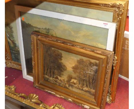 Traveller with donkey gathering faggots in landscape, oil, modern processed oil, and a framed print (3)