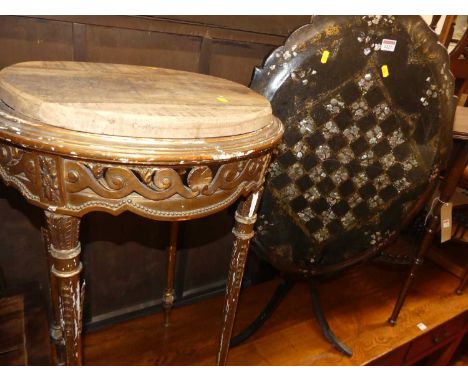 A Victorian papier mache mother-of-pearl inlaid oval tilt top pedestal tripod occasional table, width 75cm, together with a F