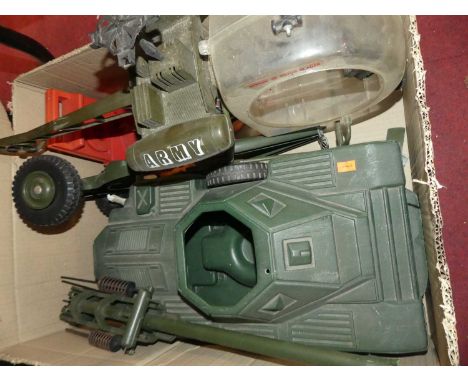 A quantity of Action Man and Cherilea related plastic collectables to include Helicopter Scout vehicle and field gun