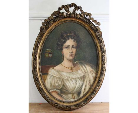 Early 20th century French school - Bust portrait of Louise de la Forest d'Armaille, oil on canvas framed as an oval, 70 x 50.