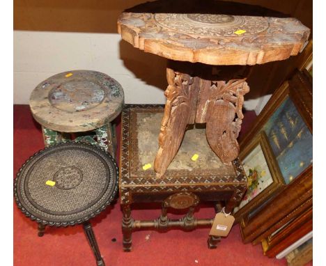 An Indo-Persian ebonised hardwood tripod table, painted stool, inlaid occasional table etc