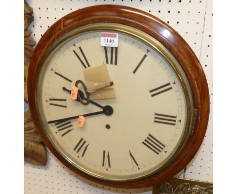 A walnut circular wall clock, having plain white enamel painted dial, dia. 36.5cm