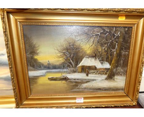 Early 20th century school - river landcape in winter, oil on panel, 28x41cm