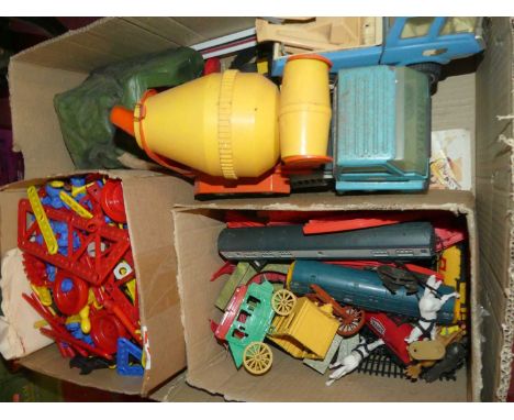 A quantity of mixed children's toys to include tin plate plastic Tinpo action figures, plastic Meccano and other related chil