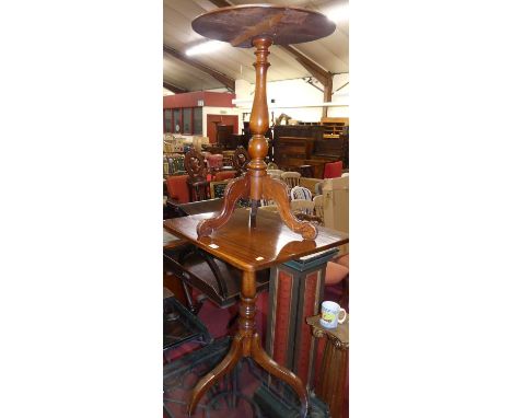 A 19th century mahogany round cornered tilt top pedestal tripod occasional table, width 54cm, together with a Victorian mahog