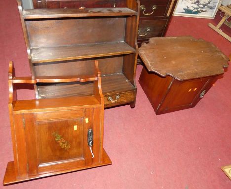 A mahogany three-tier waterfall open wall shelf, width 56cm, together with a further stained walnut single door hanging corne