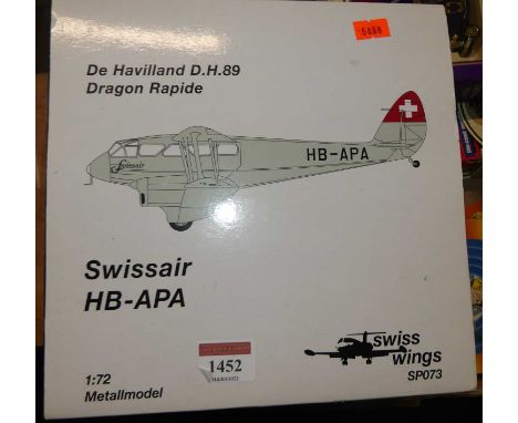 A Swiss Wings No. SP073 1/72 scale model of a De Havilland DH89 Dragon Rapide Aircraft, housed in the original packaging