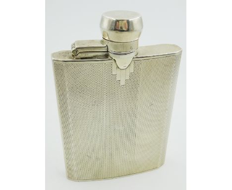 Small engine turned silver Hip Flask with screw off cover, Birmingham 1931, 11cms high, maker F Burton Crosbee. (3.8ozs)   Co