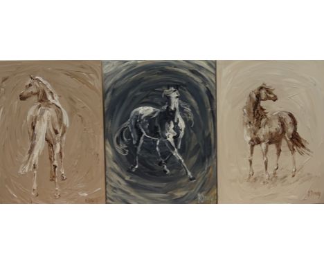 R Drury: Pair of oils on canvas of Horses with Pallet Knife Finish, signed, each 60cm x 26cm and another in similar subject b