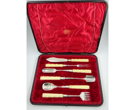 Cased set of six plated serving implements, including Stilton scoop, marrow scoop, pickle fork etc. by Gibson Poole, Middlesb