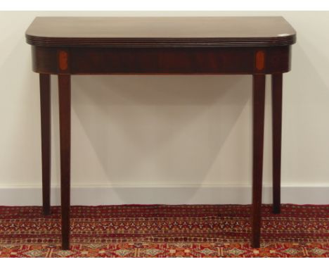 Early 19th century mahogany tea table, fold over top, double action gate leg base, satinwood inlays and geometric ebony strin