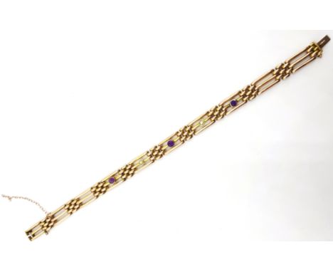 9ct Gold gate link Bracelet set with amethysts and seed pearls. (11.1gms)   Condition Report & Further Details   Click here f