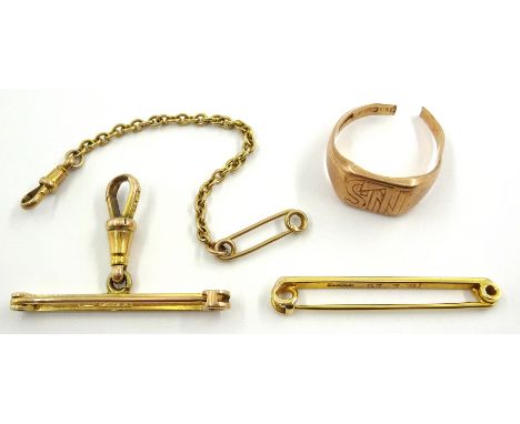 9ct gold Tie Pin, short 9ct gold watch chain, 9ct bar brooch and a 9ct gold signet ring (14.6gms). (4)   Condition Report & F