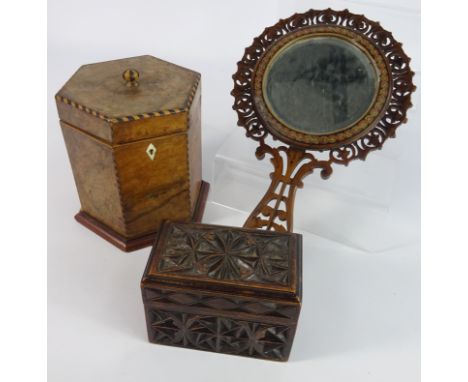 19th Century mahogany hexagonal Tea Caddy with checker banded inlay, 12cm wide, a carved wooden card case and an olive wood h