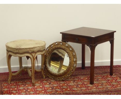 French Louis XVI style parcel gilt circular stool, cabriole legs with shaped x-framed stretcher, labelled underneath 'LK9311'
