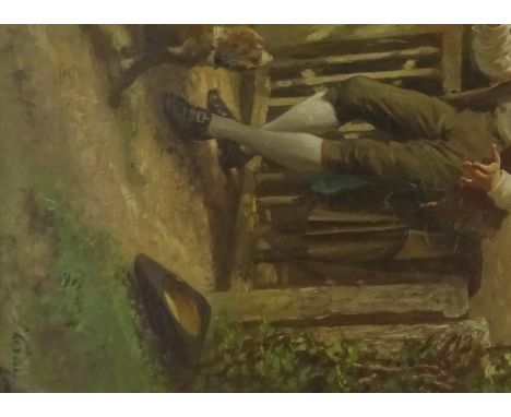 Jules Leroy (French 1856-1921): Figures by a Garden Gate with Cottage in background, oil on board signed 42cms x 30cms   Cond