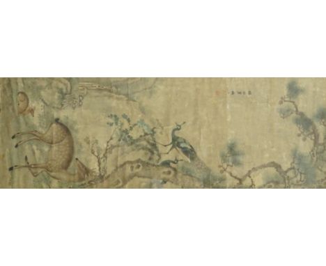 Chinese hanging scroll of a deer, peacock and pine tree, ink on paper 120cm x 42cm - Roger Soame Jenyns Collection Condition 