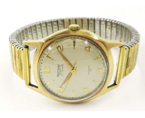 1950's Gentleman's Rotary 9ct gold Wristwatch with baton and Arabic numerals and sweep second hand, with a presentation inscr