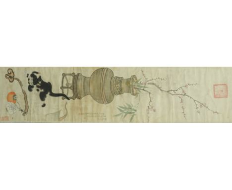 Chinese Kang Xi scroll of a cat and a vase, ink on paper and with seal mark and script 114cm x 28cm - Roger Soame Jenyns Coll