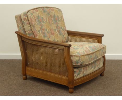 Ercol golden dawn elm bergère armchair upholstered loose cushions in floral fabric, W90cm, D100cm
