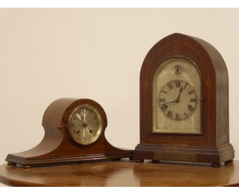20th Century mantel clock with engraved steel dial and gong strike in domed inlaid mahogany case with presentation plaque36cm