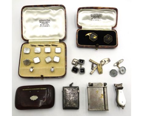 Cased set of Silver and mother of pearl Dress Studs and cufflinks, various other cufflinks, silver vesta case, cigar cutter, 