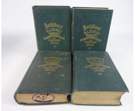 Bradshaw's Railway Manual Shareholders Guide and Directory 1892 and three others 1902,1906 and 1908, with gilt tooled boards 