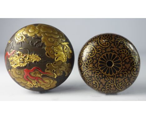 Japanese lacquer Kagamibuta Netsuke with an all over floral design and another with a red and gilt dragon - Roger Soame Jenyn