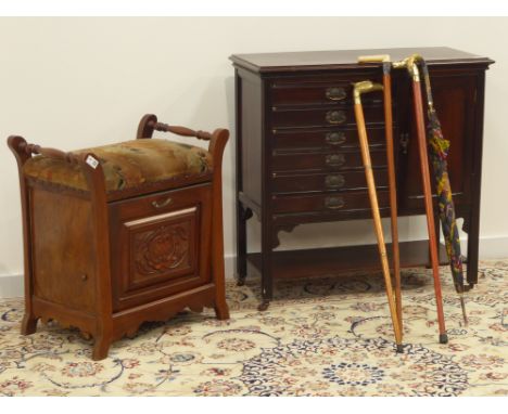 Edwardian walnut music cabinet, six drawers and cupboard (W79cm, H78cm, D36cm), an Edwardian walnut piano stool with panelled