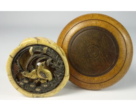 Japanese Kagamibuta Netsuke, inset with a metal plaque of birds and foliage and a wooden netsuke - Roger Soame Jenyns Collect