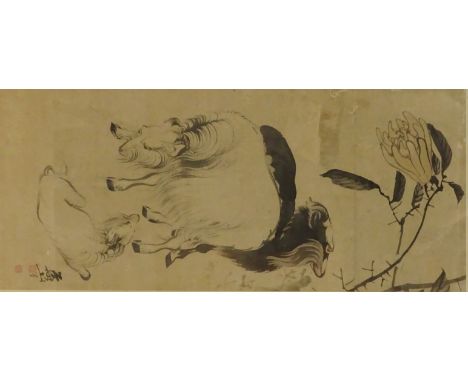 Chinese hanging scroll with three rams and finger citrons, ink on paper with signature mark and seals 58cm x 26cms - Roger So