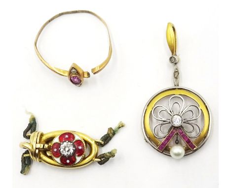 18ct gold circular Pendant with a centre diamond, rubies and pearl, a necklace clasp set with a red enamel and diamond panel 