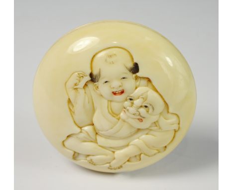 19th Century Japanese Manju ivory Netsuke carved with a figure and with signature to the reverse 4cm diameter - Roger Soame J