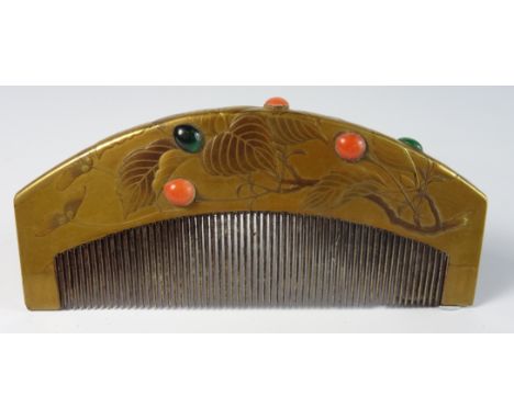 Asian lacquered Comb with raised leaf decoration and coral inlay 11cm wide - Roger Soame Jenyns Collection Condition Report &