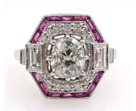 Art Deco style diamond and ruby white gold ring stamped 18k, old cut central diamond approx 0.8 carat   Condition Report & Fu
