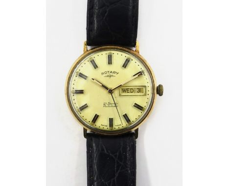 1970's Gentleman's Rotary Wristwatch with baton numerals, date aperture and sweep second hand in 9ct gold case with inscripti