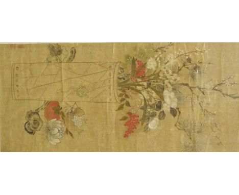 Chinese hanging scroll with a flower vase, flowers and a Ruyi Sceptre ink on silk 77cm x 37ccmwith seal mark - Roger Soame Je